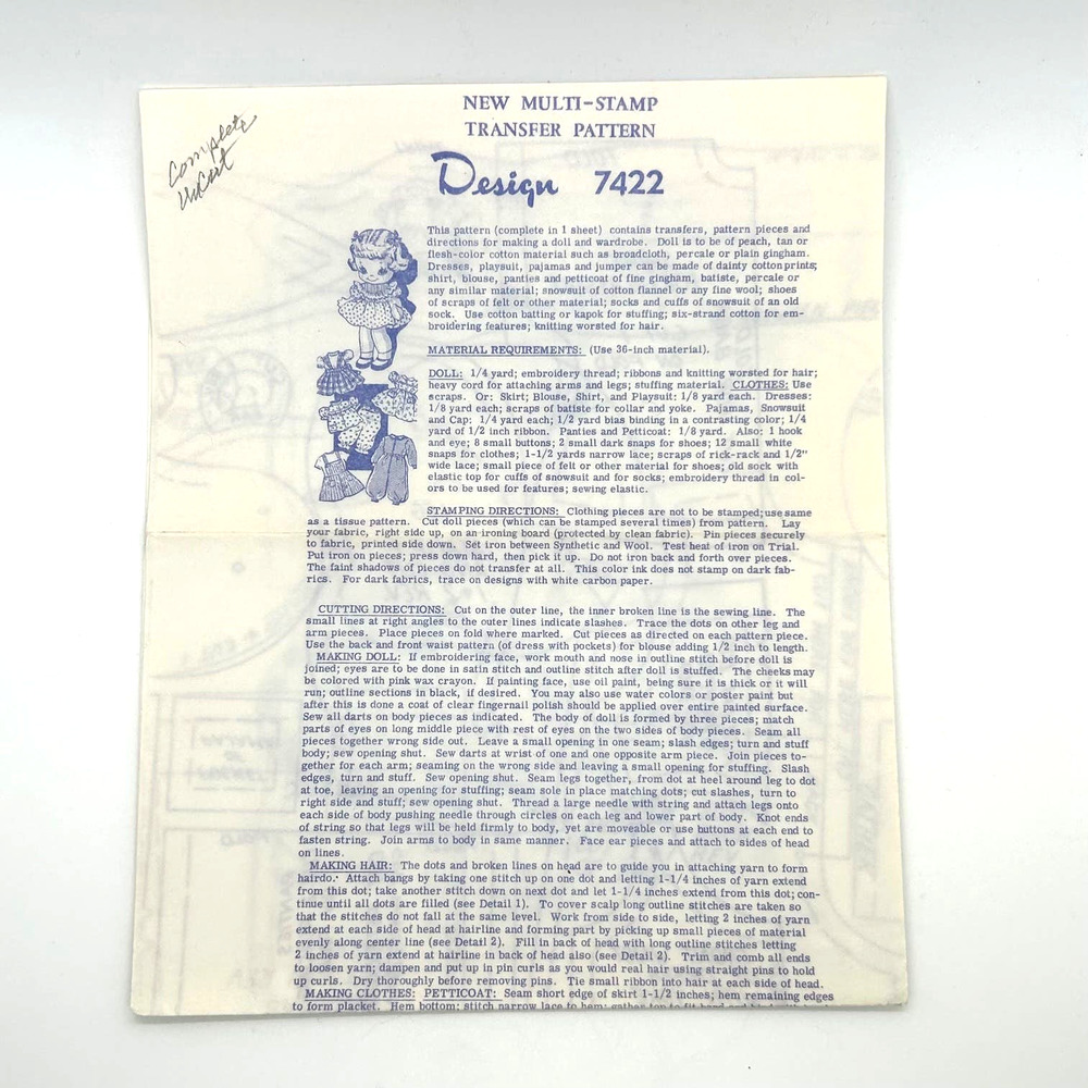Vintage Doll and Clothes Transfer Pattern #7422 Finished Doll Approximatley 11"‎